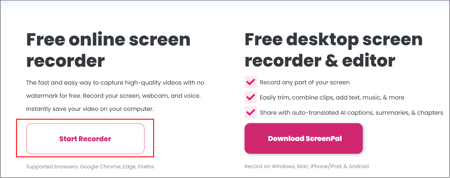 Online Screen RecorderでStart Recorderをクリックしている様子
