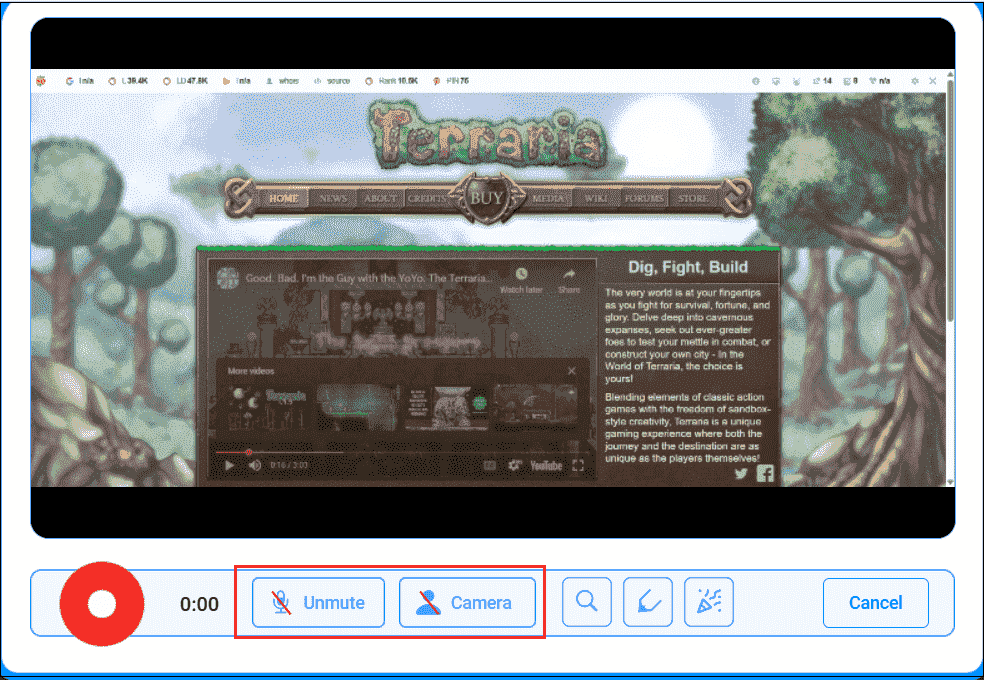 Online Screen Recorderのパネルでマイクとカメラアイコンをクリックしている様子