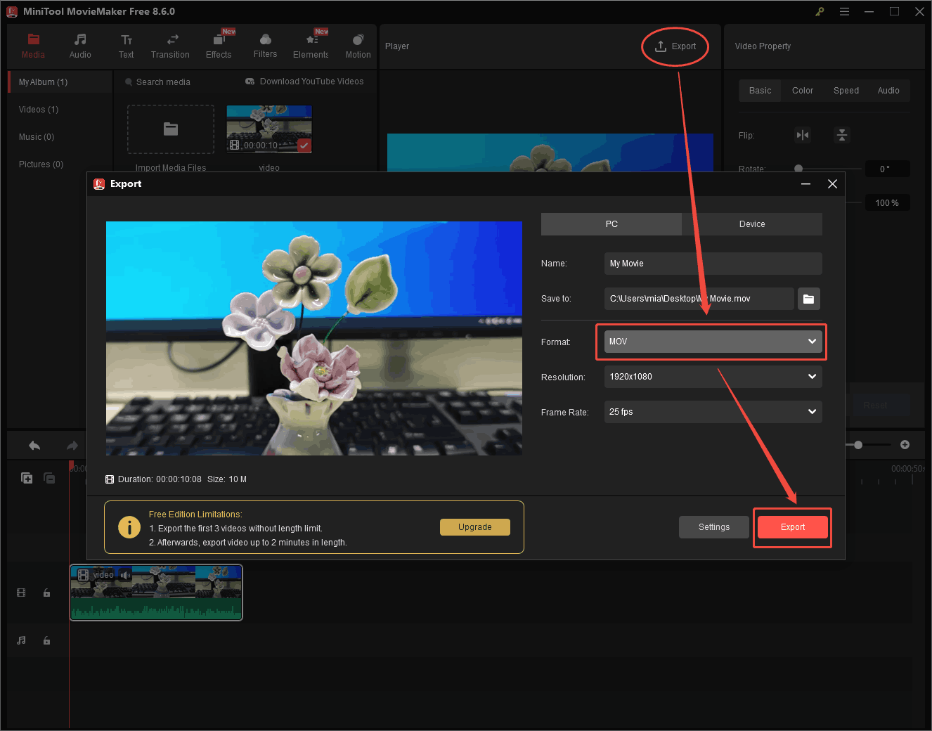MiniTool MovieMaker interface showing how to export video in MOV format.
