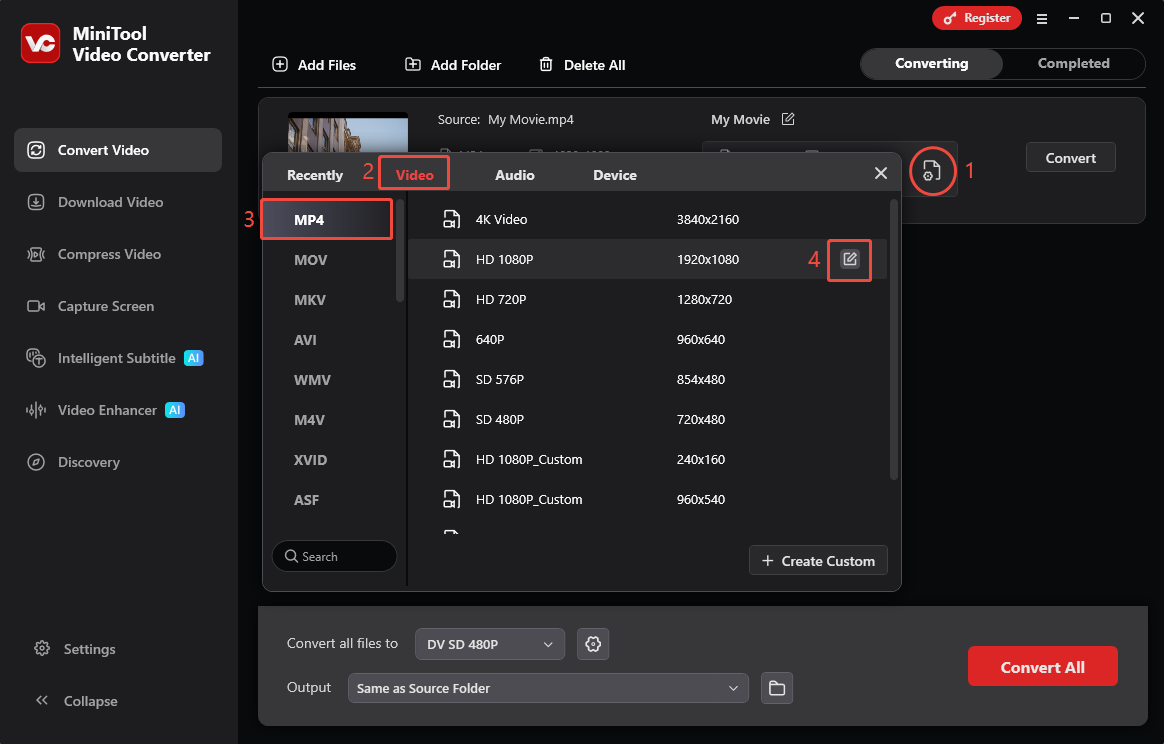 MiniTool Video Converter Convert Video interface showing how to select output format and customize the format.