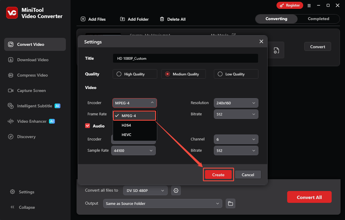 MiniTool Video Converter Convert Video interface showing how to set the encoder as MPEG4.
