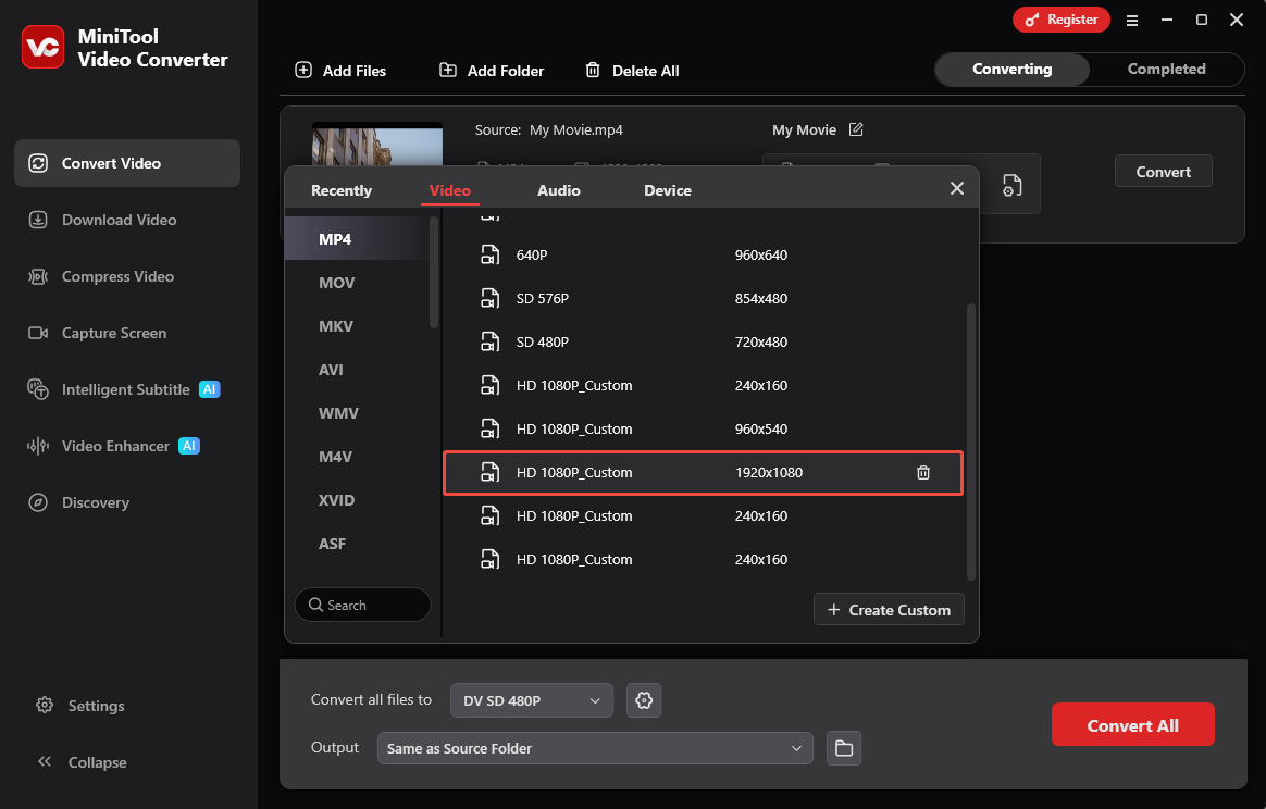 MiniTool Video Converter Convert Video interface with the custom format option selected.