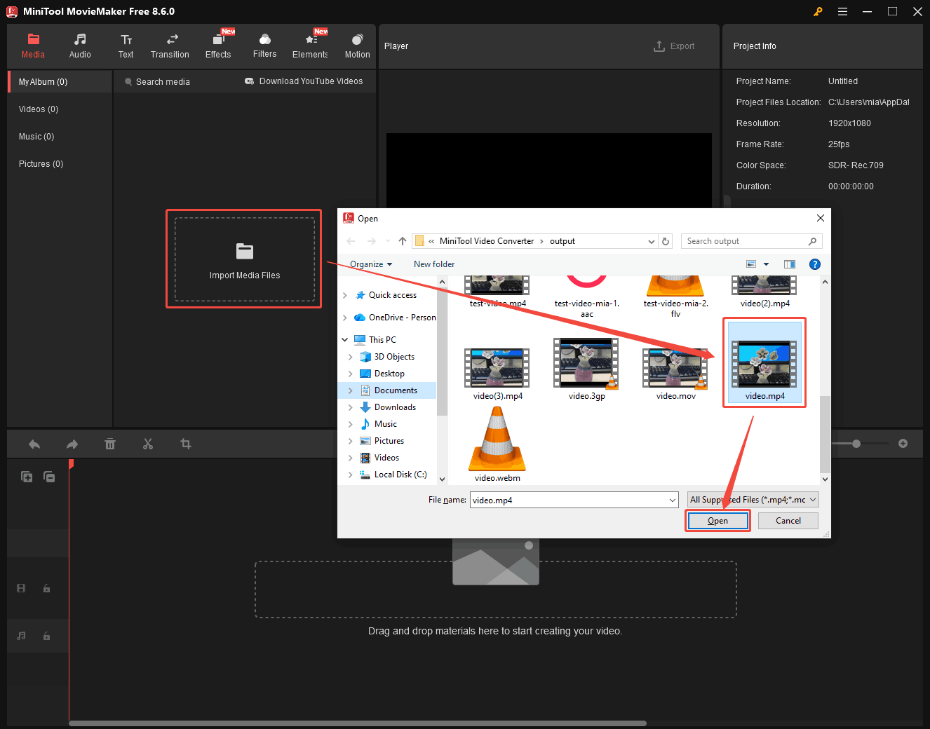 MiniTool MovieMaker interface showing how to import the MP4 video.