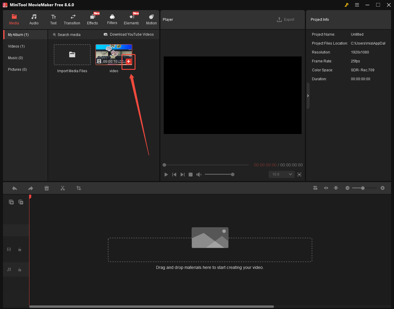 MiniTool MovieMaker interface with the plus button selected on the video.