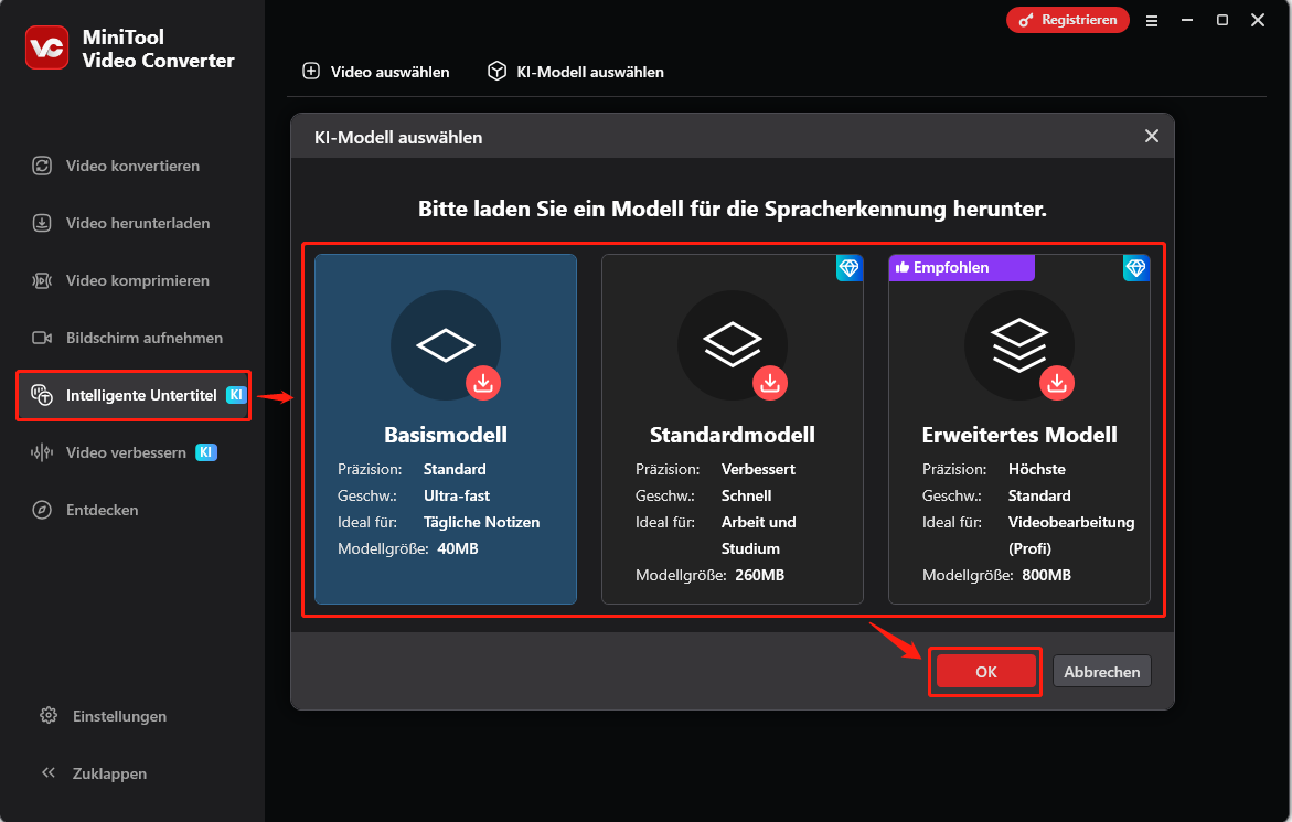 Klicken Sie im Fenster Choose AI Model von MiniTool Video Converter auf OK, um das ausgewählte Modell herunterzuladen.