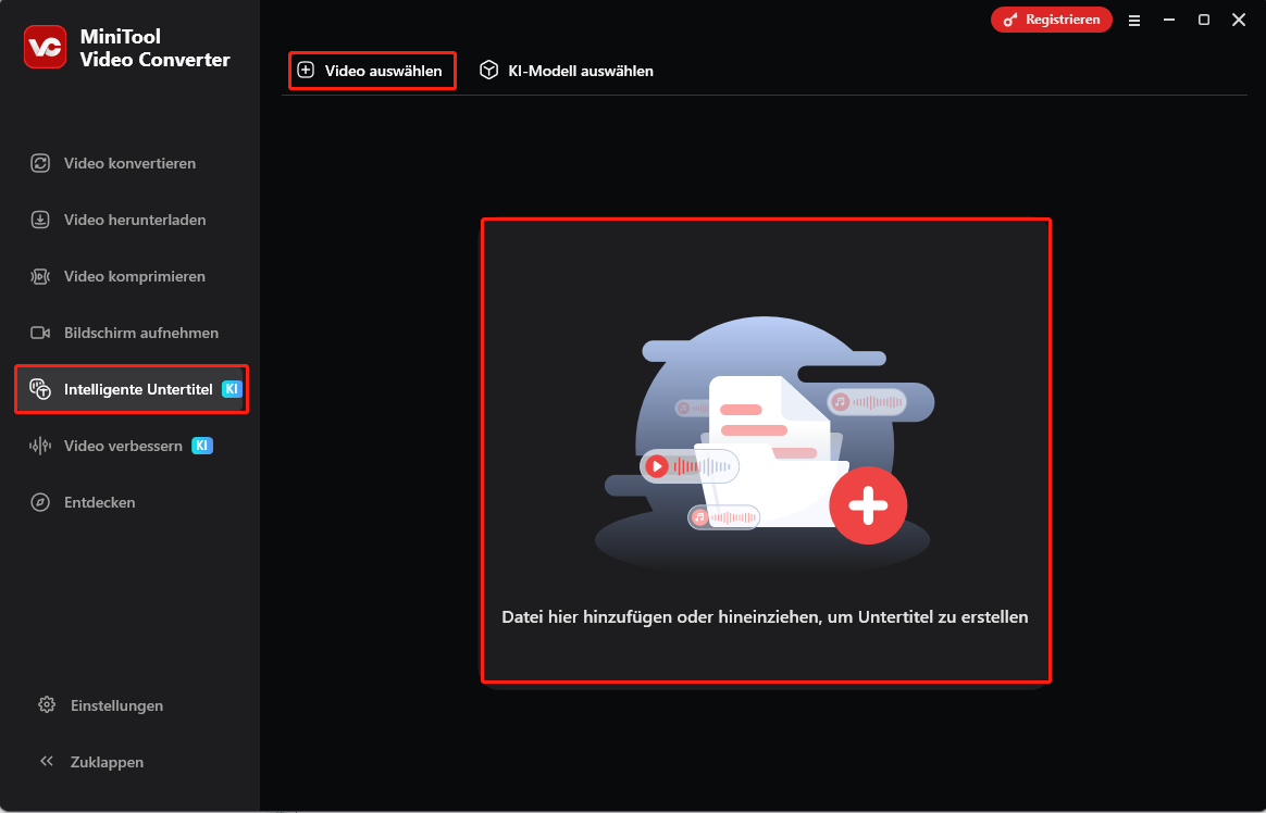 Klicken Sie im Tab Intelligent Subtitle von MiniTool Video Converter auf Choose Video oder auf den mittleren Bereich, um die Videodatei zu importieren.