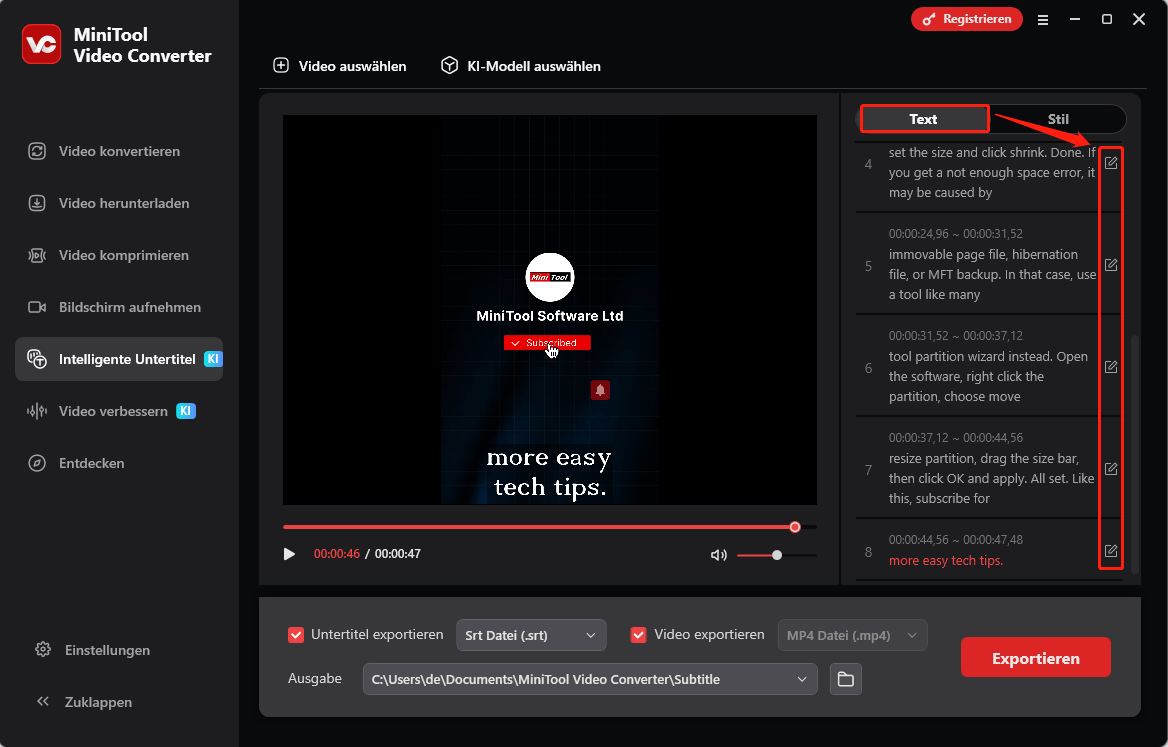 Klicken Sie im Tab Intelligent Subtitle von MiniTool Video Converter auf das Bearbeiten-Symbol, um Ihre Untertitel zu bearbeiten.