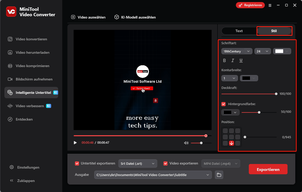 Passen Sie Schriftart, Konturbreite, Transparenz, Hintergrundfarbe und Position der Untertitel im Modul Intelligent Subtitle von MiniTool Video Converter an.