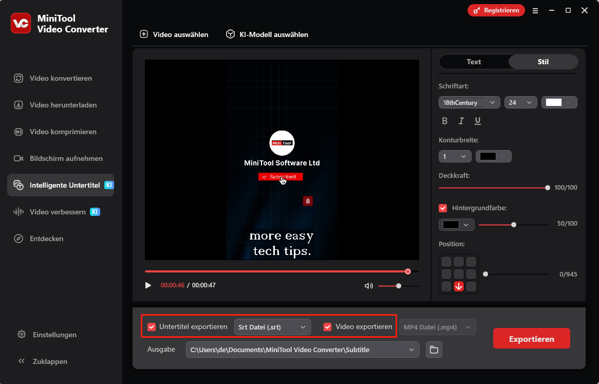 Aktivieren oder deaktivieren Sie die Optionen Export subtitle und Export video in MiniTool Video Converter, um festzulegen, welche Dateien gespeichert werden sollen.
