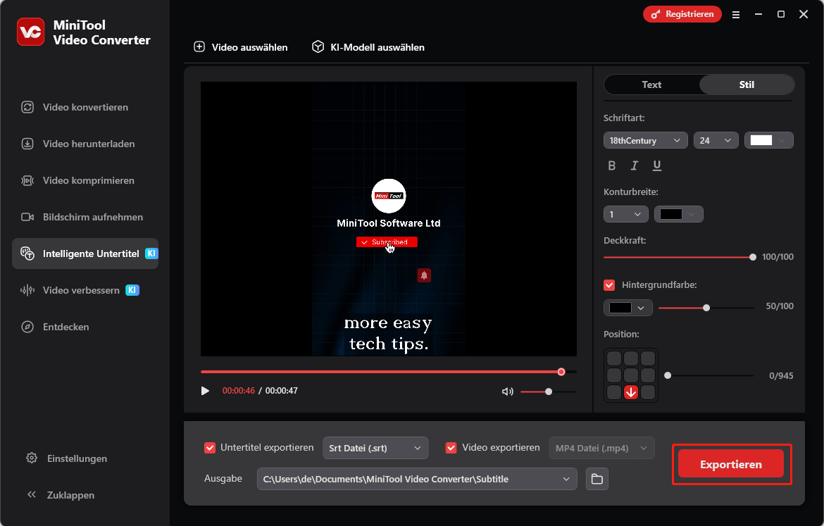 Klicken Sie in MiniTool Video Converter auf Export, um den Exportvorgang zu starten.