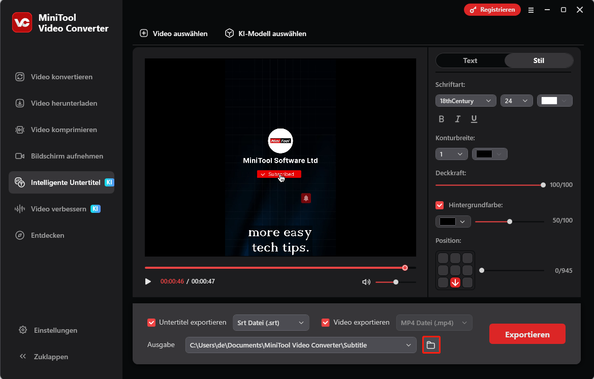 Klicken Sie im Tab Intelligent Subtitle von MiniTool Video Converter auf das Ordner-Symbol, um die Ausgabedateien zu finden.