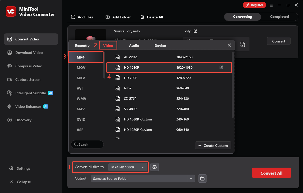MiniTool Video Converter interface showing how to choose output format.