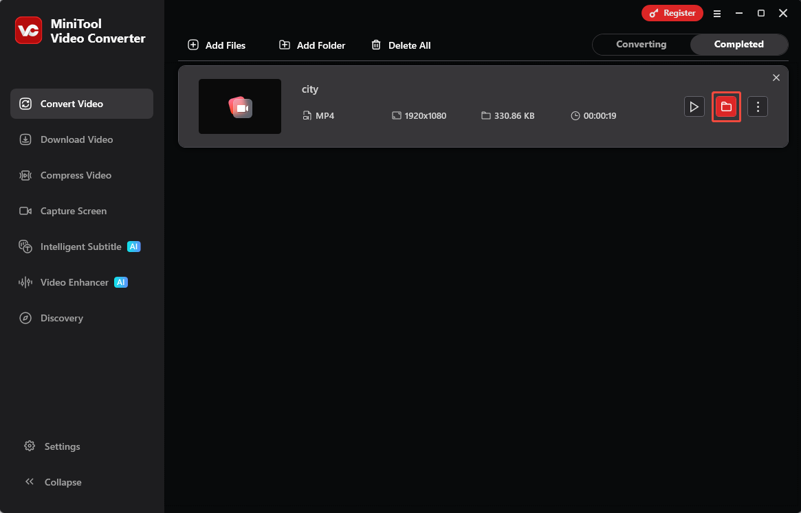 MiniTool Video Converter Convert Video interface with the folder icon selected under the Completed tab.