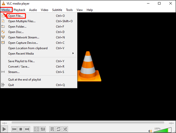 VLC media player interface with the Open File option selected in the Media drop down menu.