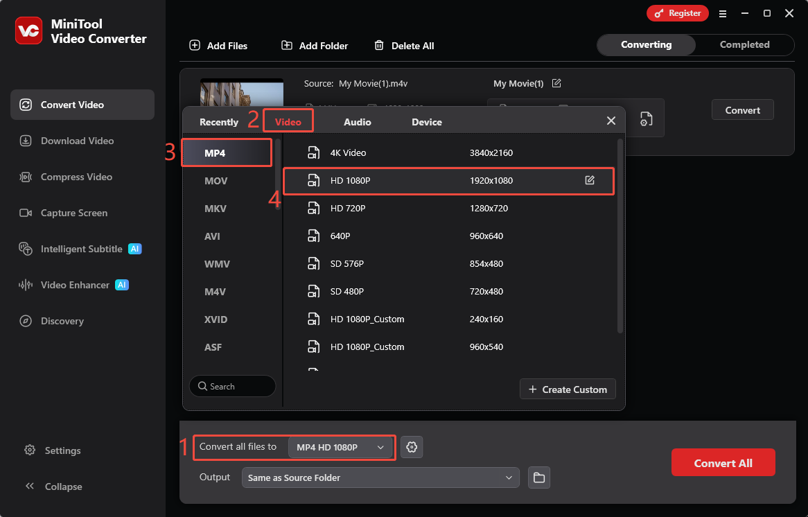 MiniTool Video Converter Convert Video interface showing how to choose MP4 as output format.