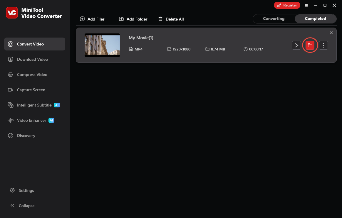 MiniTool Video Converter Convert Video interface with the folder icon selected under the Completed tab.