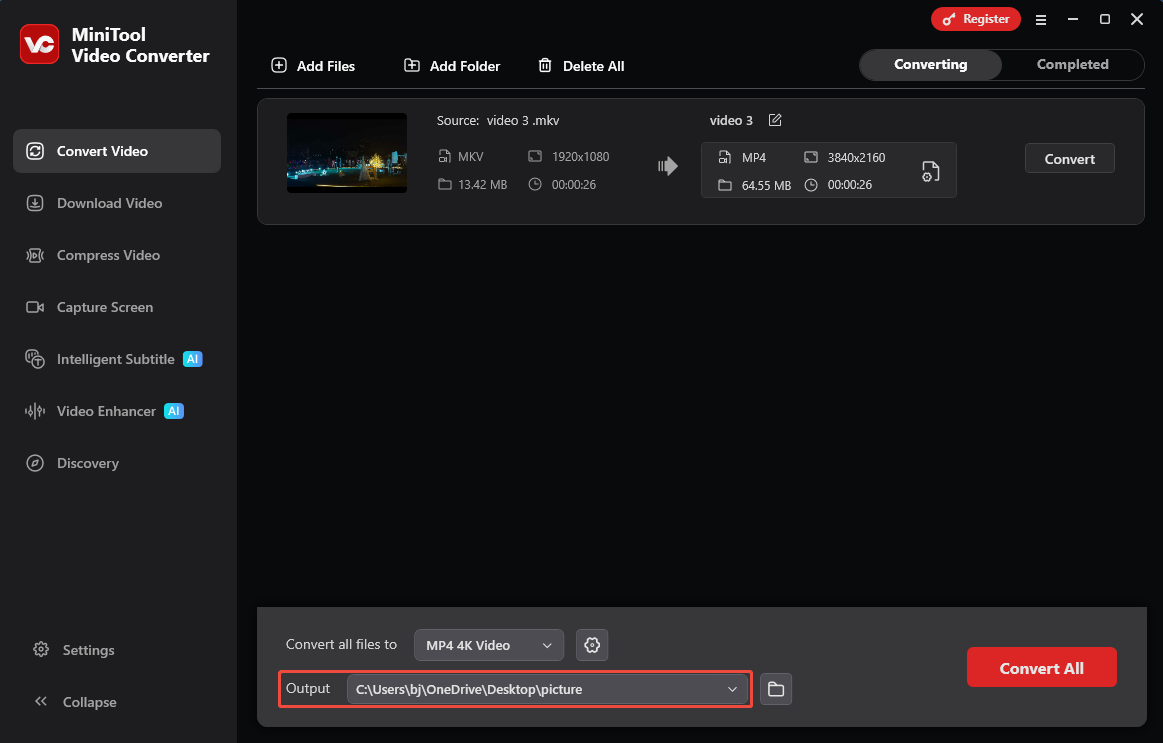 MiniTool Video Converter interface with the Output option selected in the Convert Video tab.