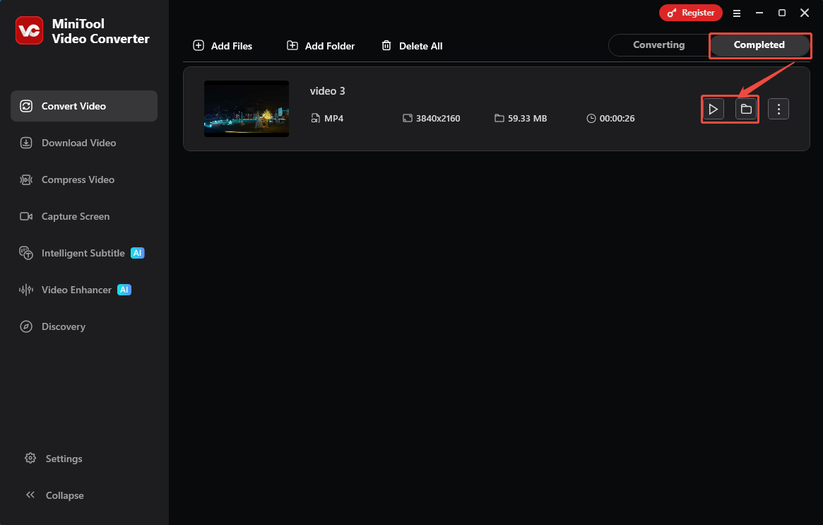 MiniTool Video Converter Completed tab with the Play icon and the Folder icon selected in the Convert Video tab.