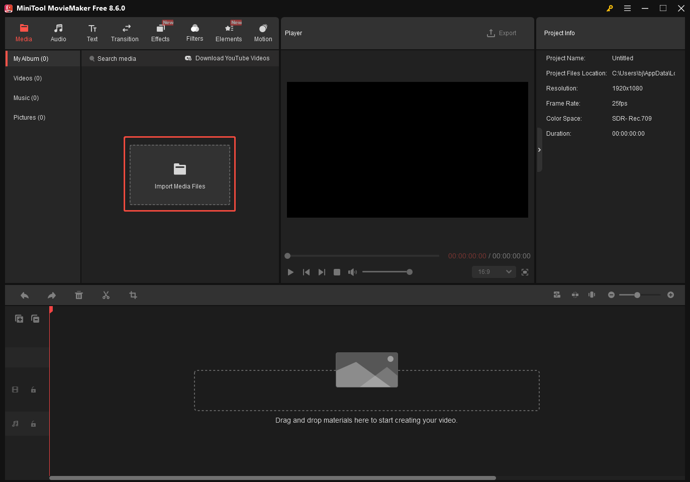 MiniTool MovieMaker interface with the Import Media Files selected.