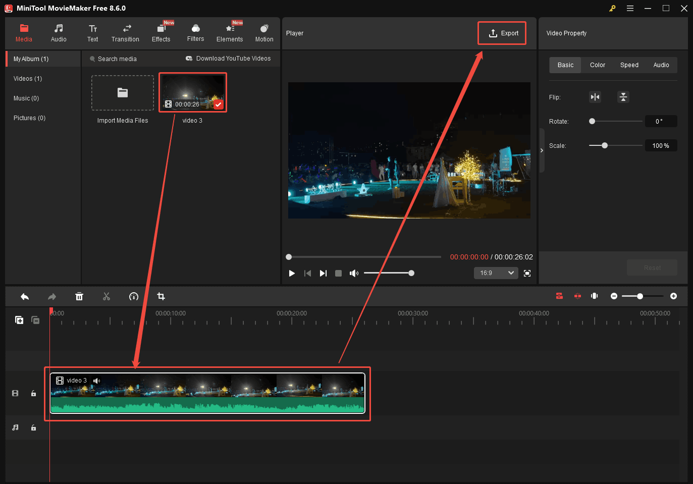 MiniTool MovieMaker interface showing how to add the target video onto the timeline and open the export window.