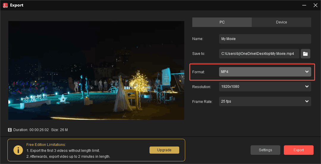 MiniTool MovieMaker Export window with the default MP4 option in the Format option selected.