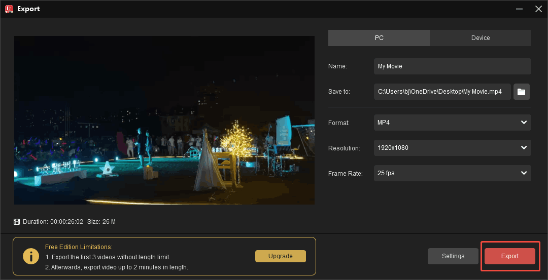 MiniTool MovieMaker Export window with the Export button selected.
