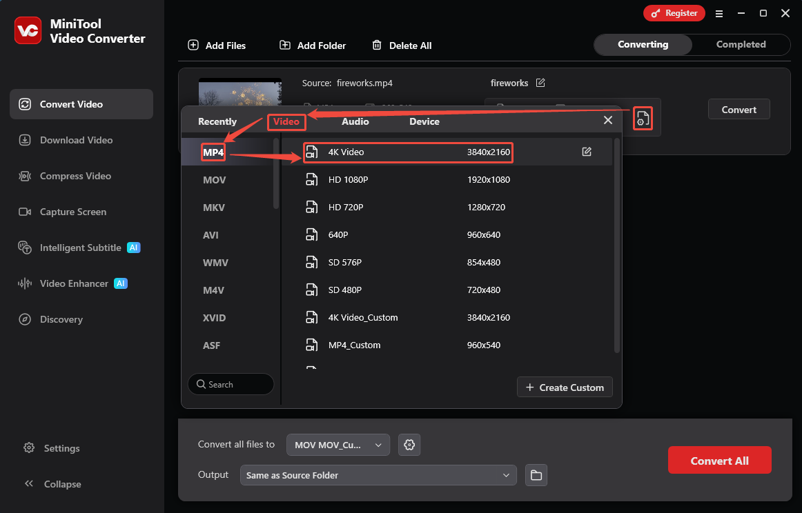 MiniTool Video Converter output format window showing how to set an H.264 encoded format in the Convert Video tab.
