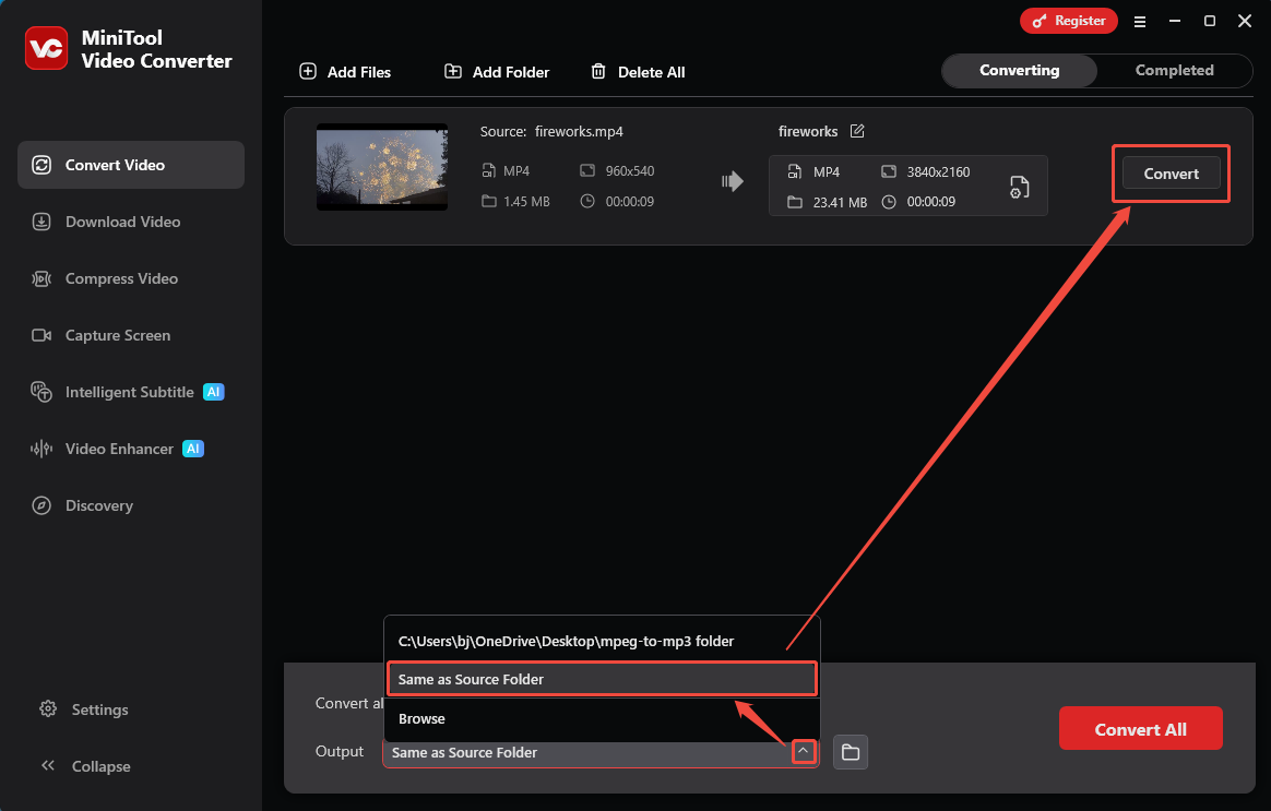 MiniTool Video Converter interface showing how to select a save path and how to convert a file in the Convert Video tab.