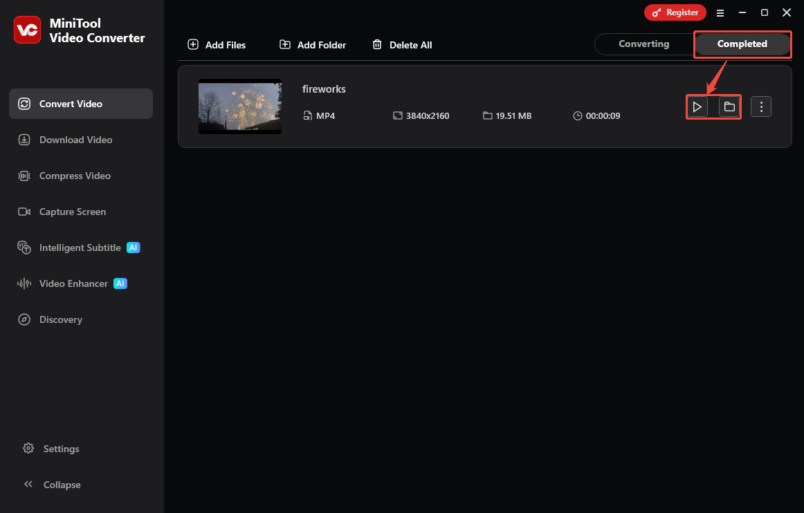 MiniTool Video Converter Completed tab with the Play icon and the Folder icon selected in the Convert Video tab.