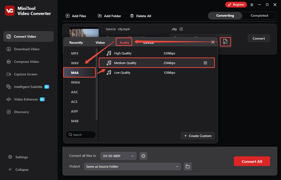 MiniTool Video Converter interface showing how to select the M4A as output format.