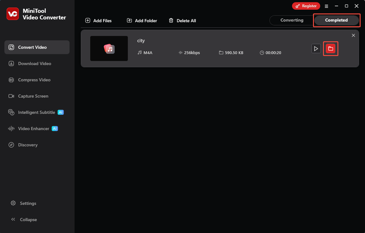 MiniTool Video Converter Convert Video interface with the folder icon selected.