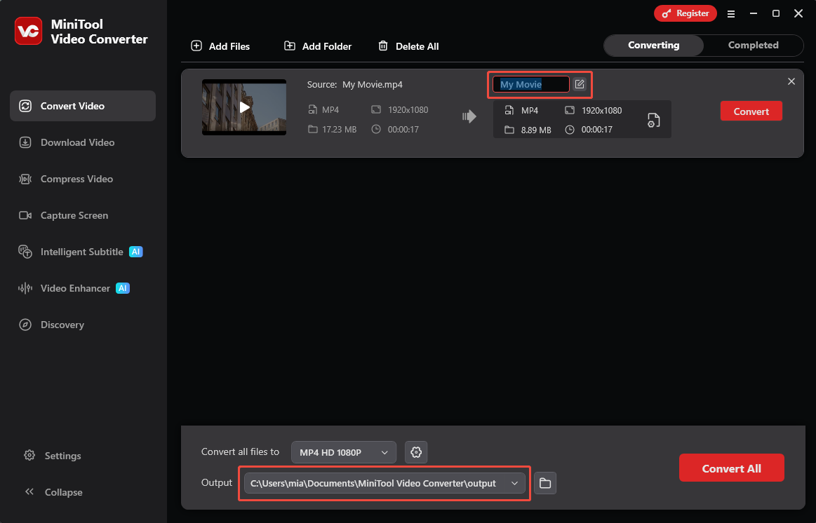 MiniTool Video Converter Convert Video interface showing how to set output location and edit the output file name.