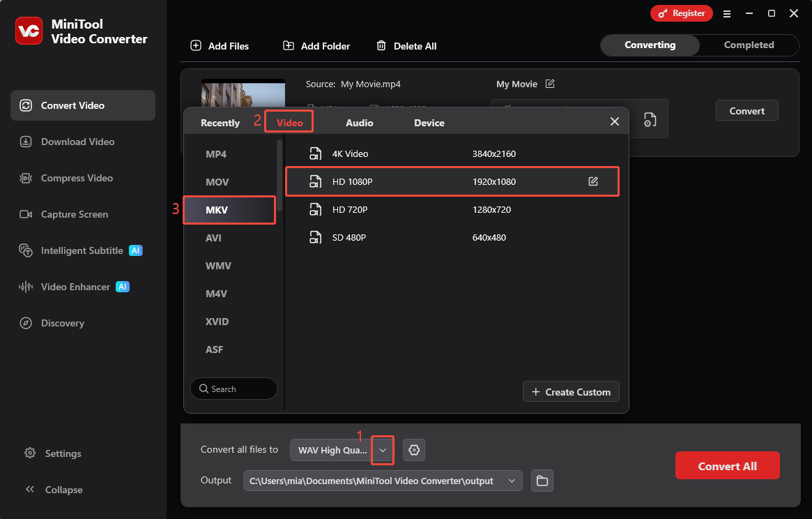 MiniTool Video Converter Convert Video interface showing how to select MKV as the output format.