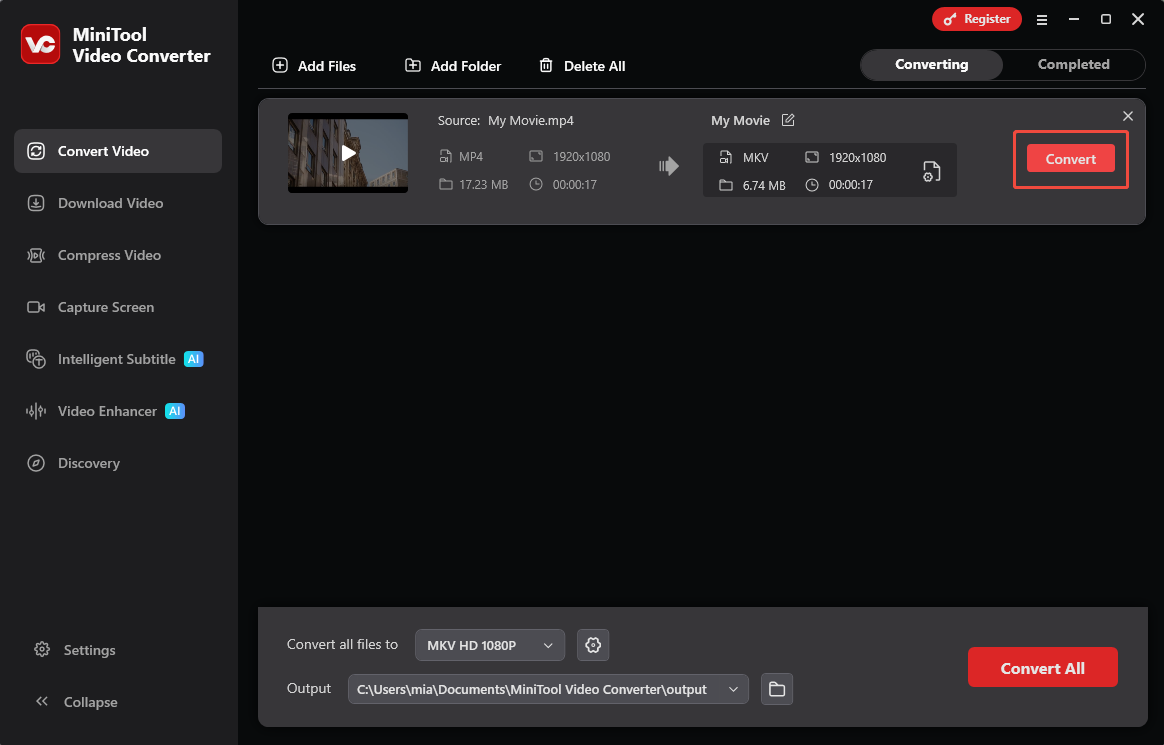 MiniTool Video Converter Convert Video interface with the Convert button selected.