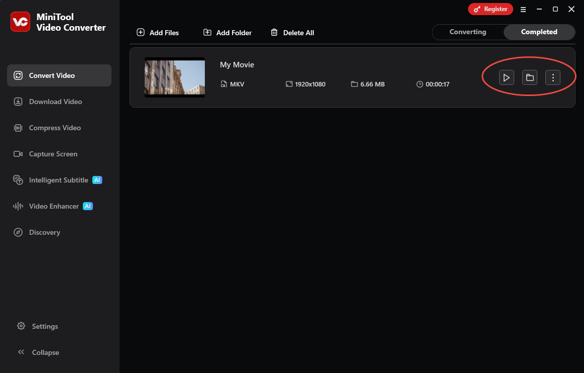 MiniTool Video Converter Convert Video interface with the play icon and the folder icon and the more icon selected.