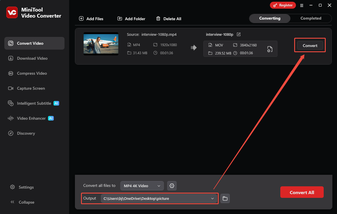 MiniTool Video Converter interface with the Output option and the Convert button selected in the Convert Video tab.