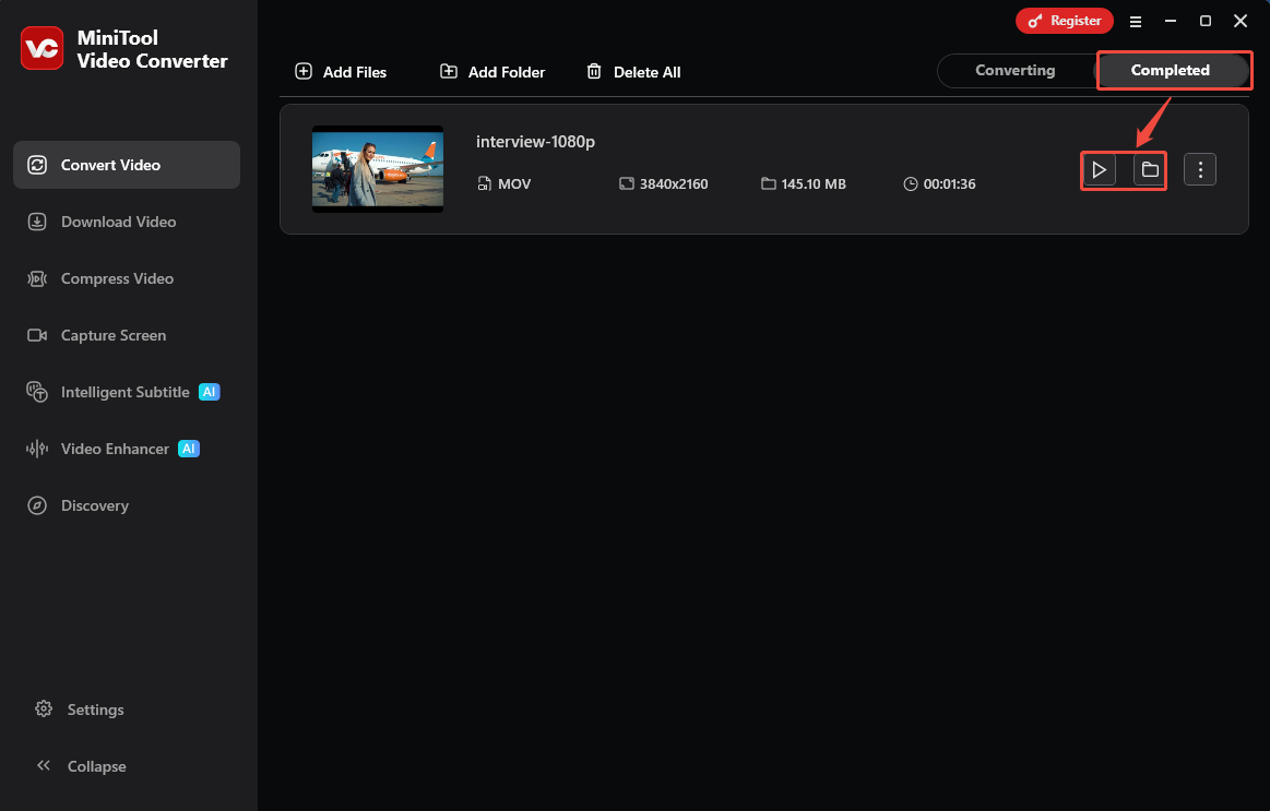 MiniTool Video Converter Completed tab with the Play icon and the Folder icon selected in the Convert Video tab.