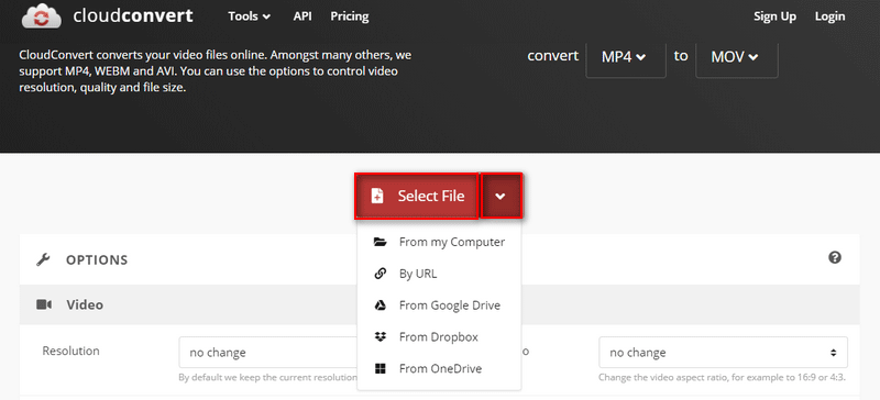 The interface of CloudConvert for MP4 to MOV conversion.