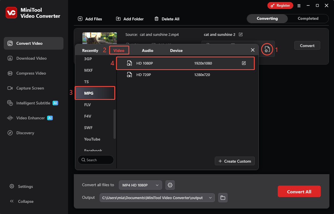 MiniTool Video Converter output format selection window showing how to choose MPG as the output format.