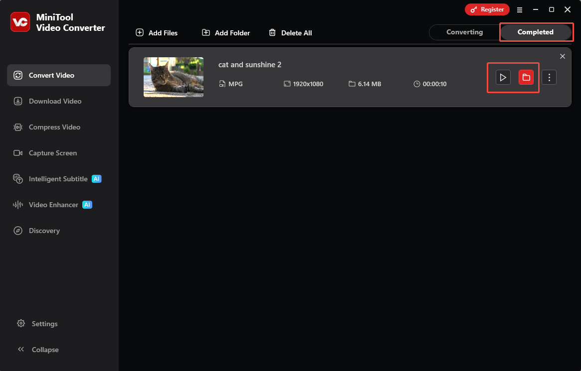 MiniTool Video Converter Convert Video interface with the play icon and the folder icon selected.