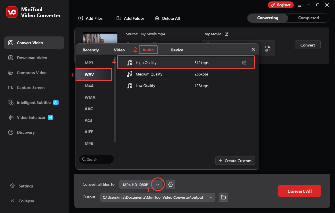 MiniTool Video Converter Convert Video interface showing how to select WAV as the output format.