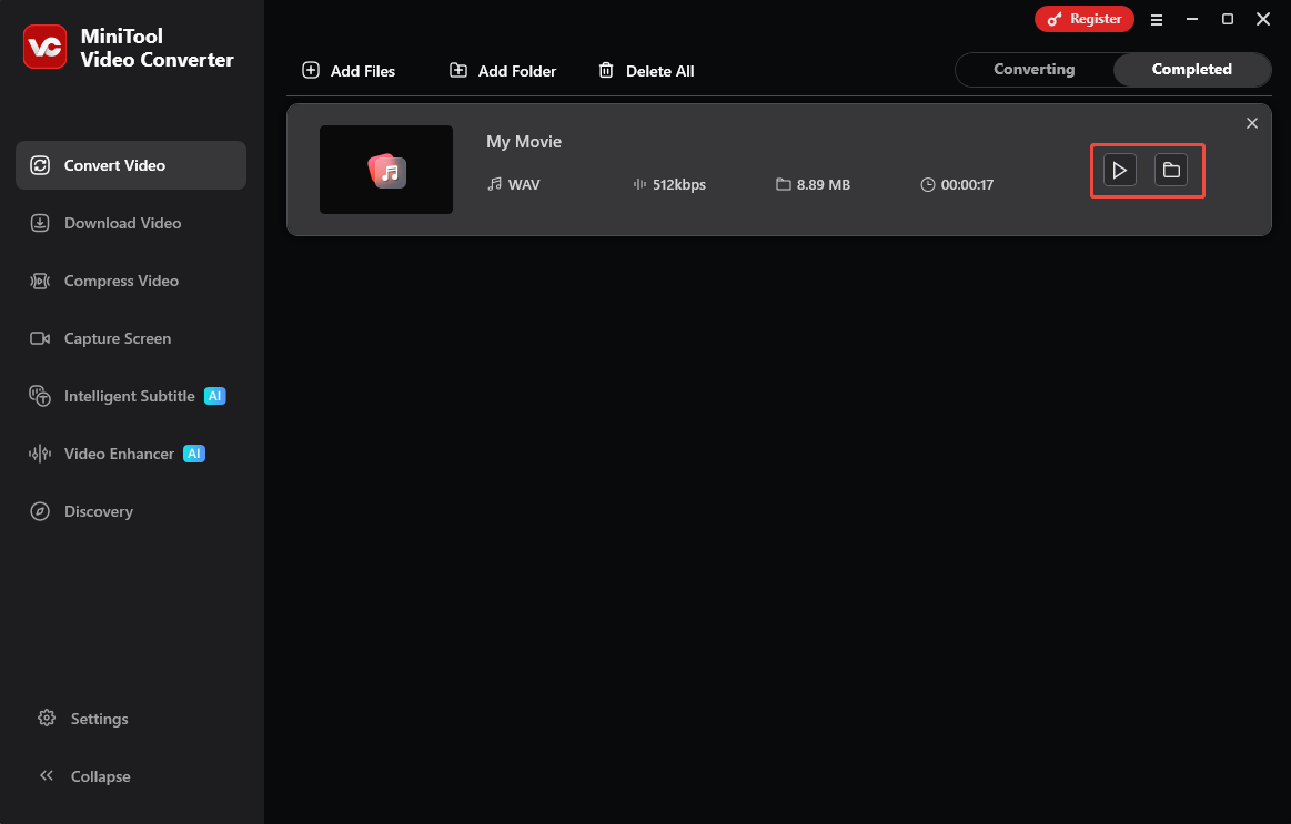 MiniTool Video Converter Convert Video interface with the play icon and the folder icon selected.