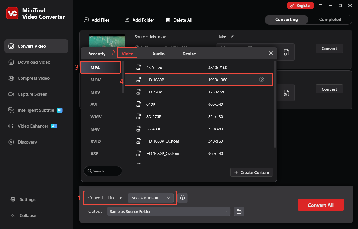 MiniTool Video Converter interface showing how to choose output format.