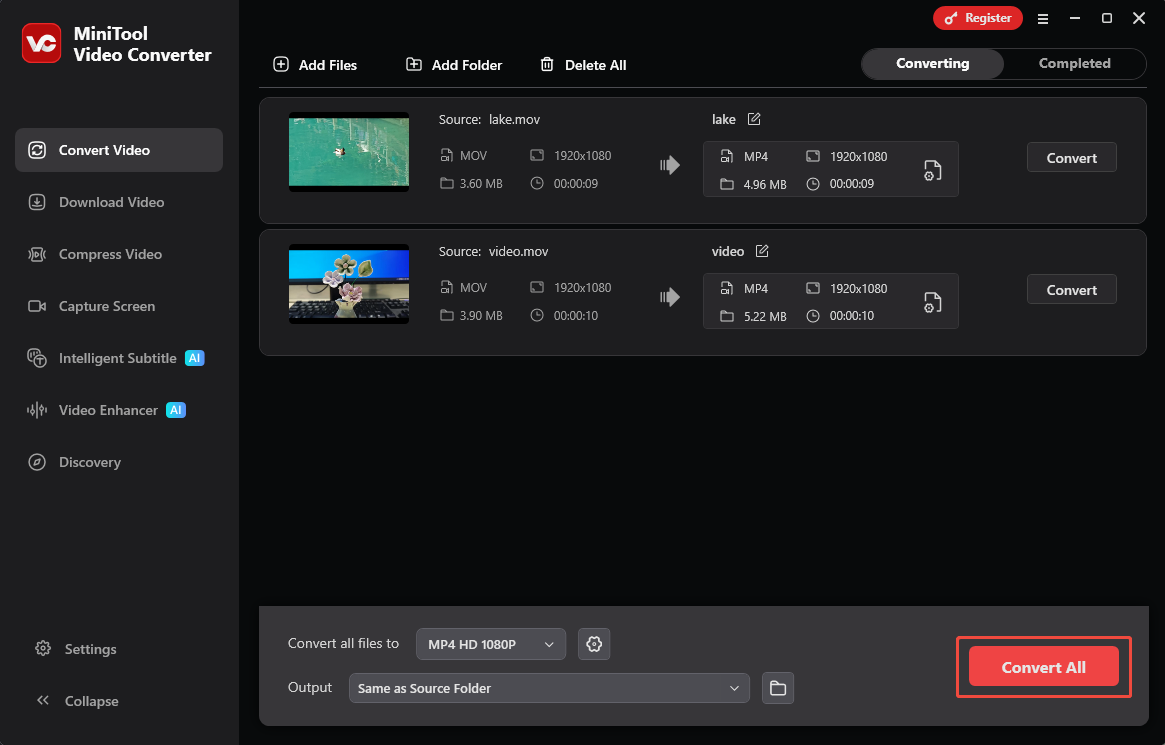 MiniTool Video Converter Convert Video interface with Convert All option selected.
