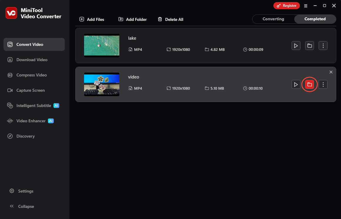 MiniTool Video Converter Convert Video interface with the folder icon selected under the Completed tab.