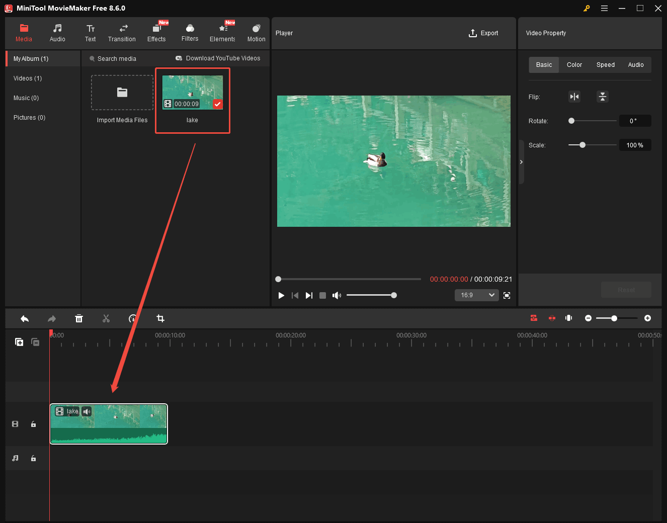 MiniTool MovieMaker interface showing how to drag the video to the timeline.