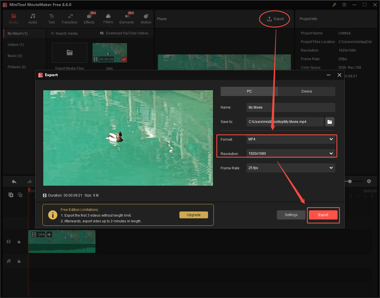 MiniTool MovieMaker Export window showing how to choose MP4 as output format and choose the desired resolution.