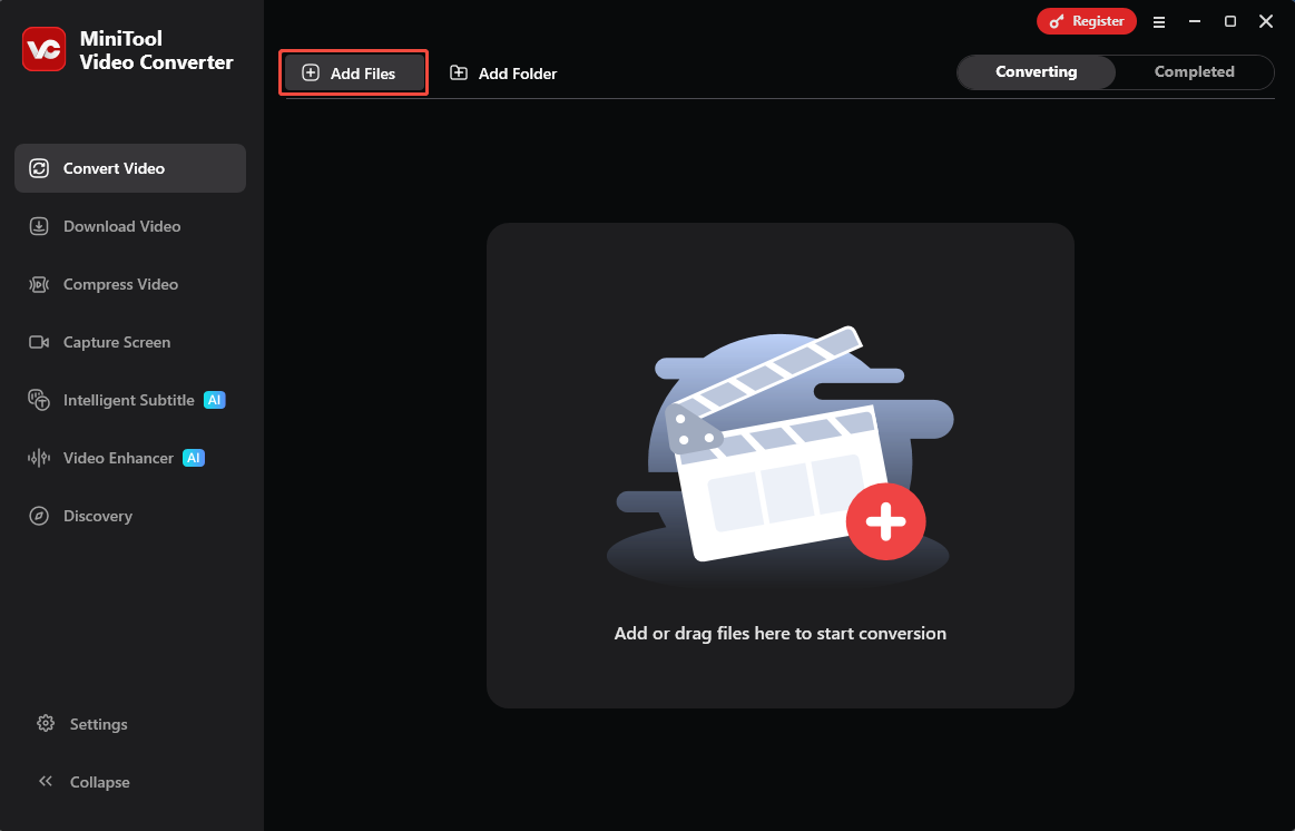 MiniTool Video Converter interface with the Add Files option selected.