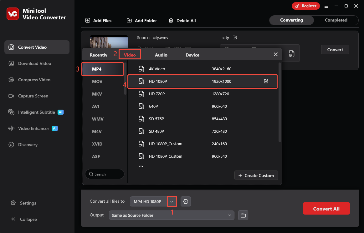 MiniTool Video Converter interface showing how to choose output format.