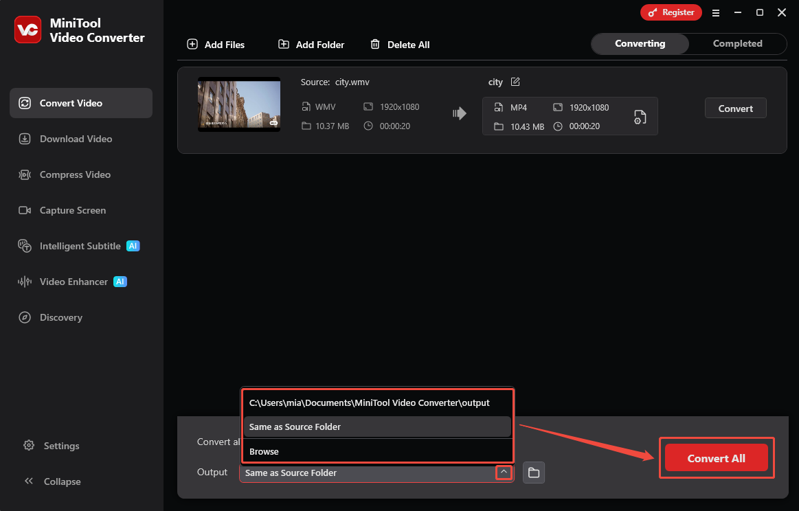 MiniTool Video Converter interface showing how to choose the save location and start conversion.